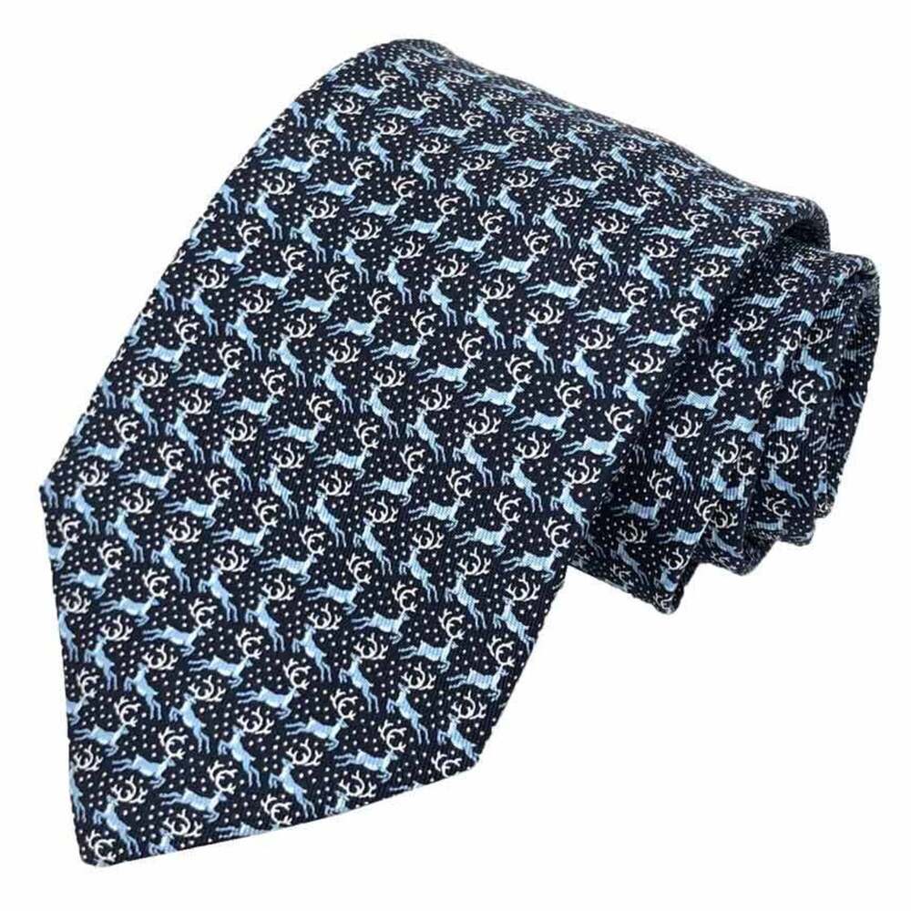 Hermes 100% Silk Reindeer Navy Tie